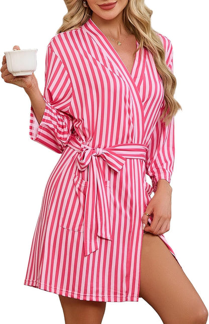 Short Robes for Women, Striped Lightweight Kimono Bathrobe for Spa
