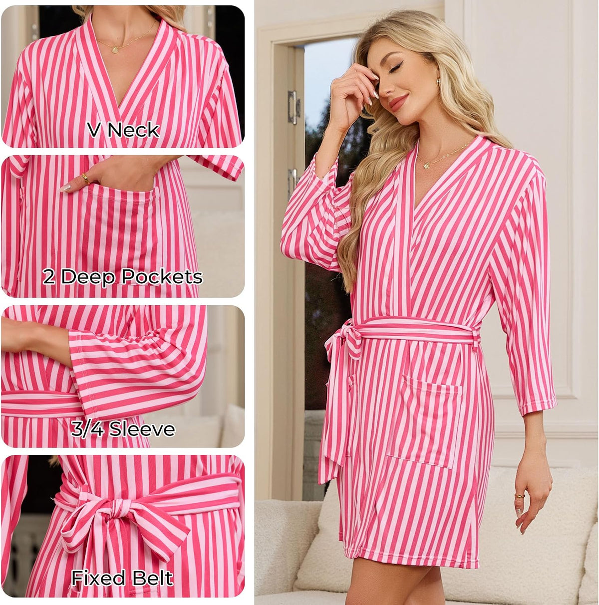 Short Robes for Women, Striped Lightweight Kimono Bathrobe for Spa