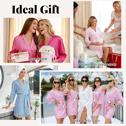 Short Robes for Women, Striped Lightweight Kimono Bathrobe for Spa