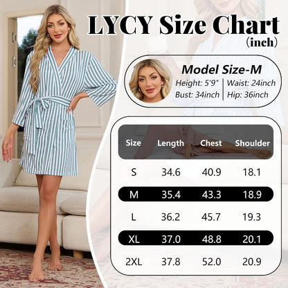 Short Robes for Women, Striped Lightweight Kimono Bathrobe for Spa
