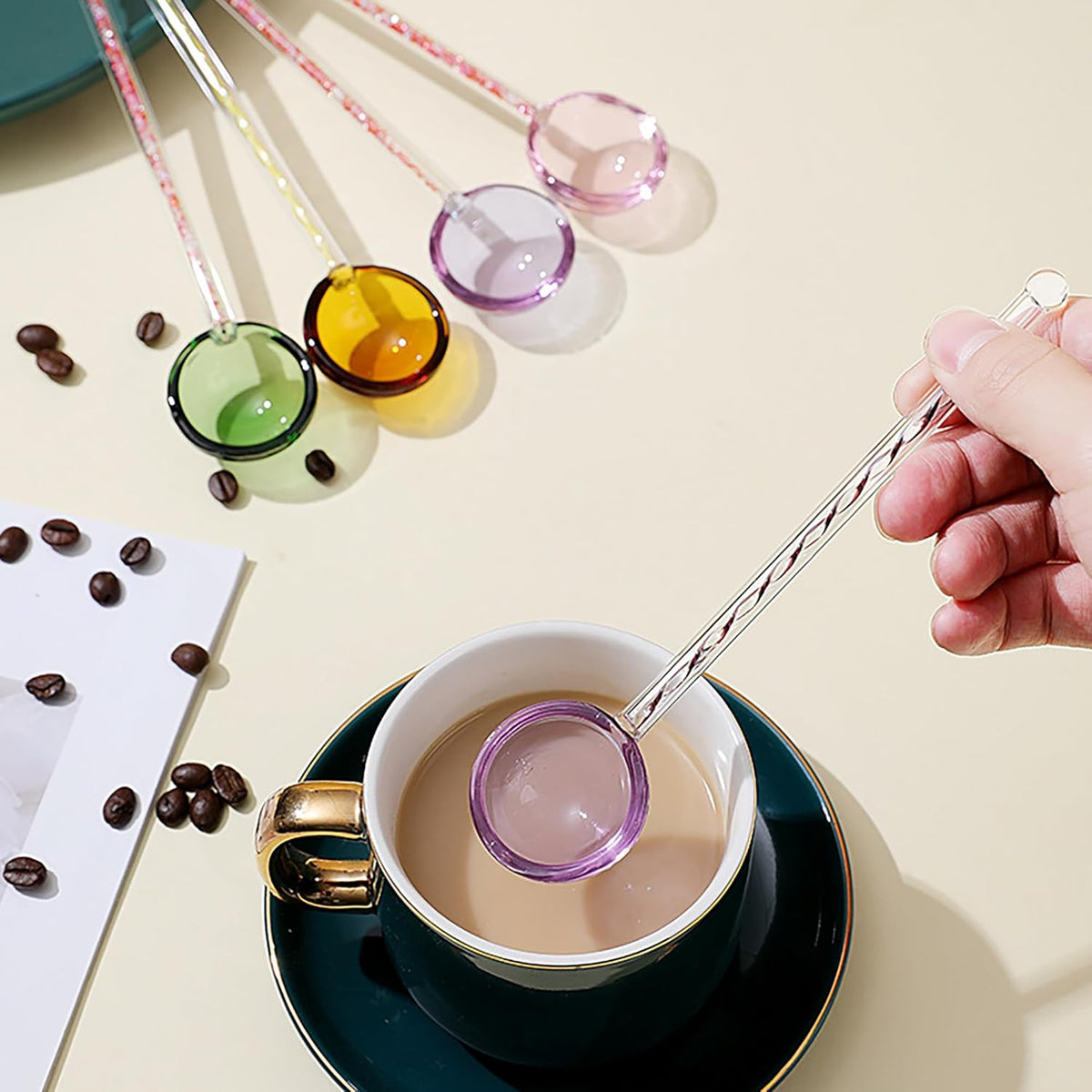Glass Coffee Stirring Spoons Clear Crystal Cocktail Mixing Spoon Candy Color Teaspoons Ice Cream Jam Yogurt Salt Sugar Scoop Swizzle Stick Stirrer for Bar Cafe Party Banquet (Pink-A)