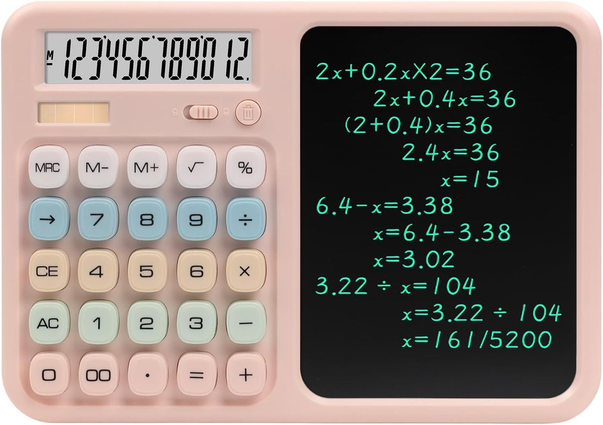 Calculator with Writing Tablet, Desktop Calculator with LCD Notepad, 12-Digit Large Display, Dual Power (Solar & AAA Battery), Erasable Memo Pad with Stylus for Office Finance School (Pink)