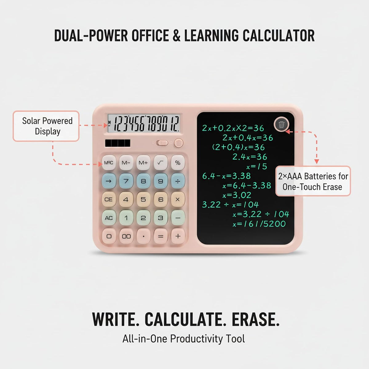 Calculator with Writing Tablet, Desktop Calculator with LCD Notepad, 12-Digit Large Display, Dual Power (Solar & AAA Battery), Erasable Memo Pad with Stylus for Office Finance School (Pink)