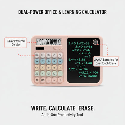 Calculator with Writing Tablet, Desktop Calculator with LCD Notepad, 12-Digit Large Display, Dual Power (Solar & AAA Battery), Erasable Memo Pad with Stylus for Office Finance School (Pink)