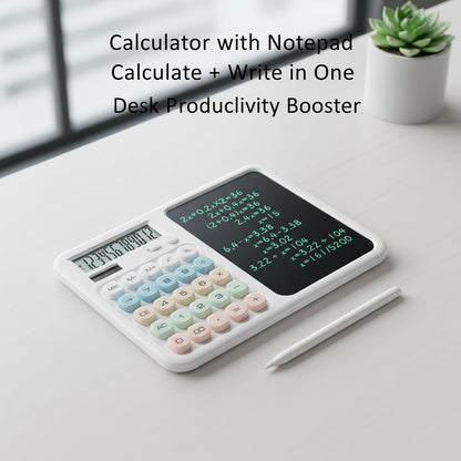 Calculator with Writing Tablet, Desktop Calculator with LCD Notepad, 12-Digit Large Display, Dual Power (Solar & AAA Battery), Erasable Memo Pad with Stylus for Office Finance School (Pink)
