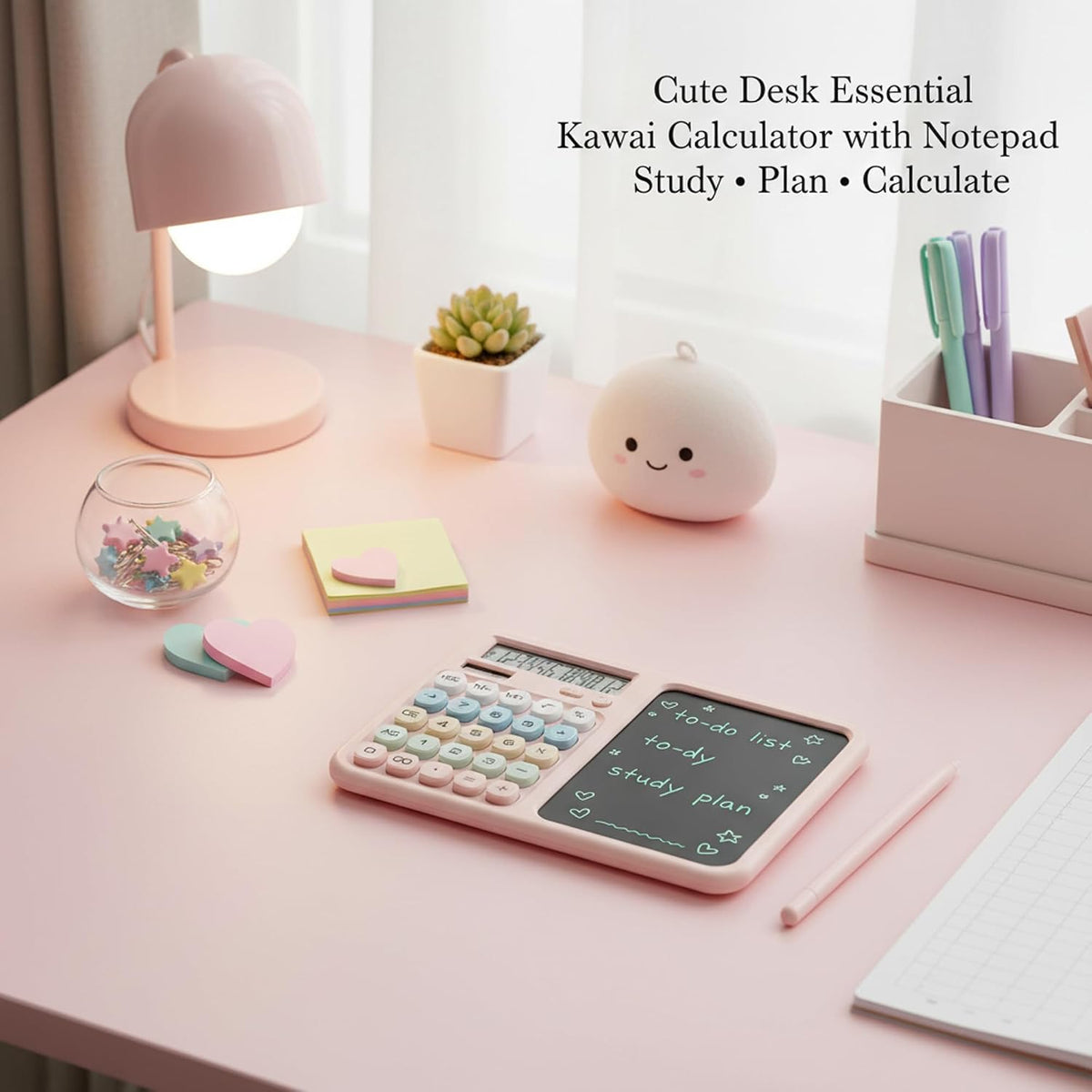 Calculator with Writing Tablet, Desktop Calculator with LCD Notepad, 12-Digit Large Display, Dual Power (Solar & AAA Battery), Erasable Memo Pad with Stylus for Office Finance School (Pink)