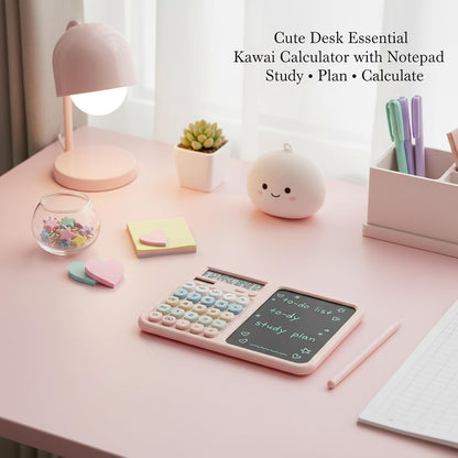 Calculator with Writing Tablet, Desktop Calculator with LCD Notepad, 12-Digit Large Display, Dual Power (Solar & AAA Battery), Erasable Memo Pad with Stylus for Office Finance School (Pink)