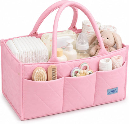 Baby Diaper Caddy Organiser with Zipper Pockets & Removable Dividers Soft Quilted Polyester & Silk Floss Nursery Storage Basket for Nappies, Wipes & Newborn Essentials, Baby Shower Gifts (Pink)