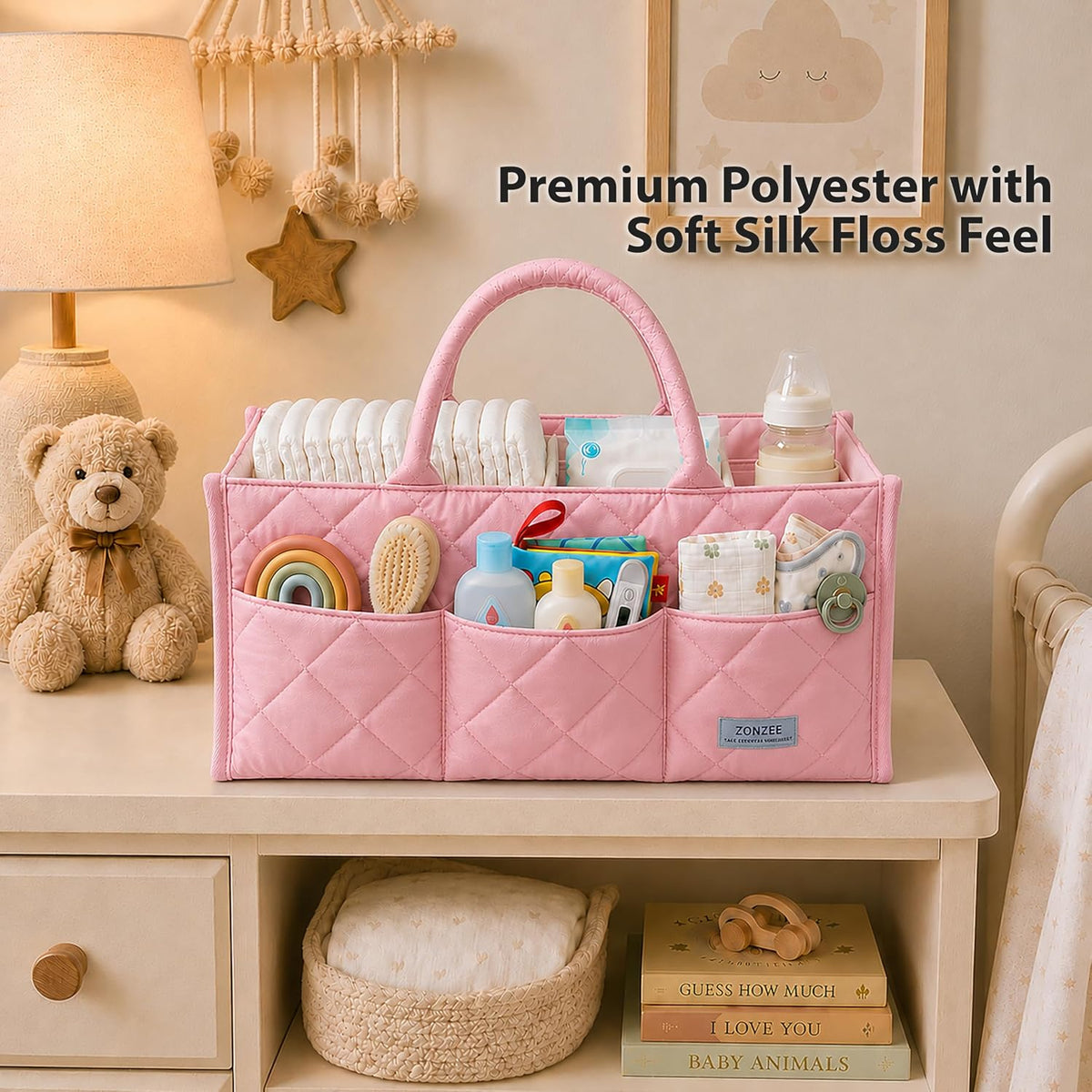Baby Diaper Caddy Organiser with Zipper Pockets & Removable Dividers Soft Quilted Polyester & Silk Floss Nursery Storage Basket for Nappies, Wipes & Newborn Essentials, Baby Shower Gifts (Pink)