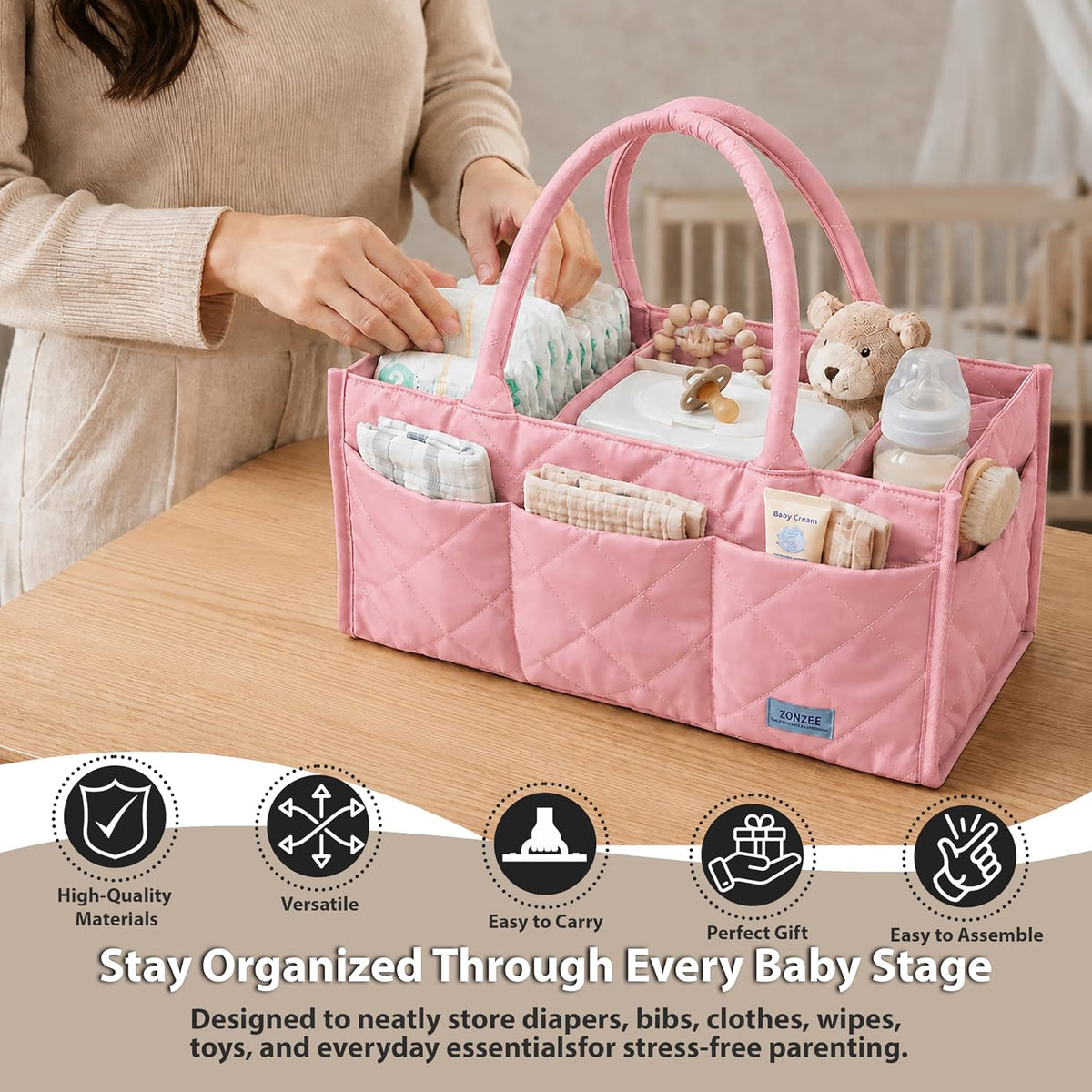 Baby Diaper Caddy Organiser with Zipper Pockets & Removable Dividers Soft Quilted Polyester & Silk Floss Nursery Storage Basket for Nappies, Wipes & Newborn Essentials, Baby Shower Gifts (Pink)