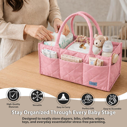 Baby Diaper Caddy Organiser with Zipper Pockets & Removable Dividers Soft Quilted Polyester & Silk Floss Nursery Storage Basket for Nappies, Wipes & Newborn Essentials, Baby Shower Gifts (Pink)