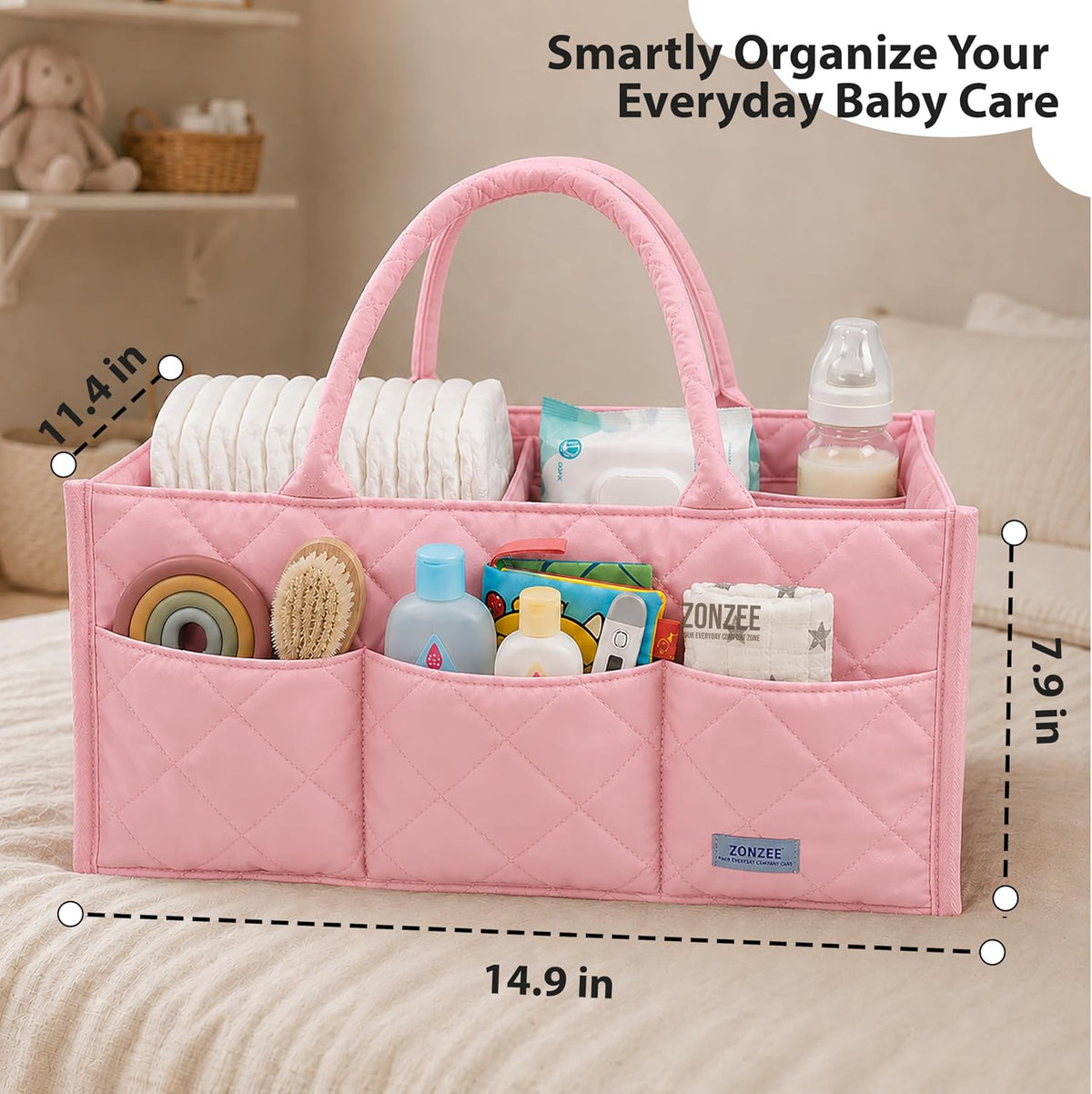 Baby Diaper Caddy Organiser with Zipper Pockets & Removable Dividers Soft Quilted Polyester & Silk Floss Nursery Storage Basket for Nappies, Wipes & Newborn Essentials, Baby Shower Gifts (Pink)