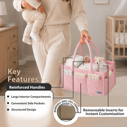 Baby Diaper Caddy Organiser with Zipper Pockets & Removable Dividers Soft Quilted Polyester & Silk Floss Nursery Storage Basket for Nappies, Wipes & Newborn Essentials, Baby Shower Gifts (Pink)