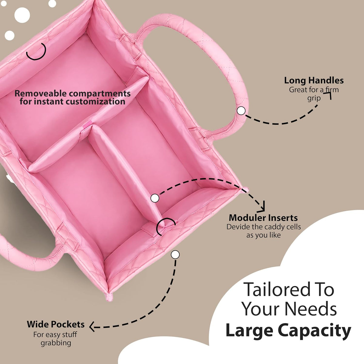 Baby Diaper Caddy Organiser with Zipper Pockets & Removable Dividers Soft Quilted Polyester & Silk Floss Nursery Storage Basket for Nappies, Wipes & Newborn Essentials, Baby Shower Gifts (Pink)