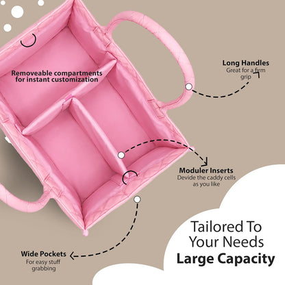 Baby Diaper Caddy Organiser with Zipper Pockets & Removable Dividers Soft Quilted Polyester & Silk Floss Nursery Storage Basket for Nappies, Wipes & Newborn Essentials, Baby Shower Gifts (Pink)