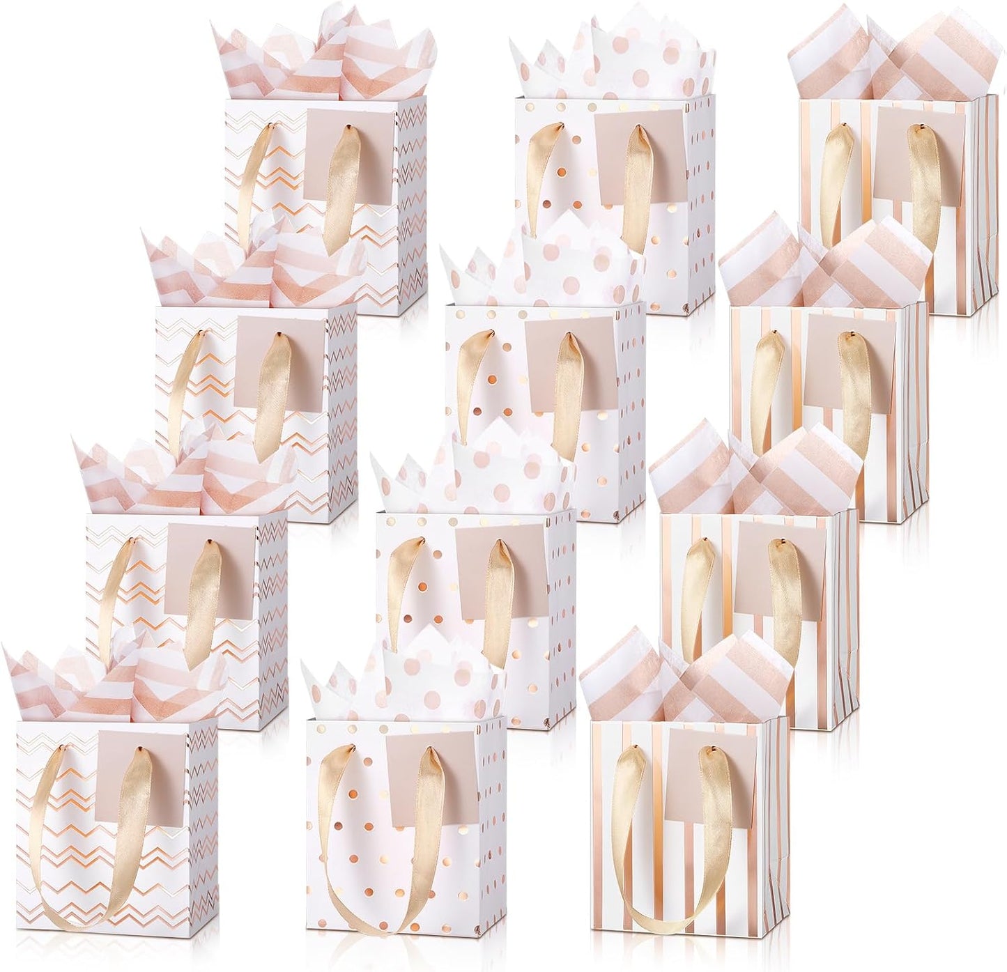 12 Pcs Small Gift Bags Mini Metallic Paper Bag Bulk Tiny with Handle Tissue Paper for Gift Wrap Summer Birthday Wedding Back to School Party(7 x 4 x 9 Inch,White Rose Gold)