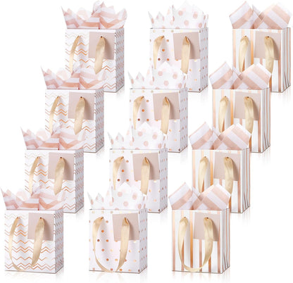 12 Pcs Small Gift Bags Mini Metallic Paper Bag Bulk Tiny with Handle Tissue Paper for Gift Wrap Summer Birthday Wedding Back to School Party(7 x 4 x 9 Inch,White Rose Gold)