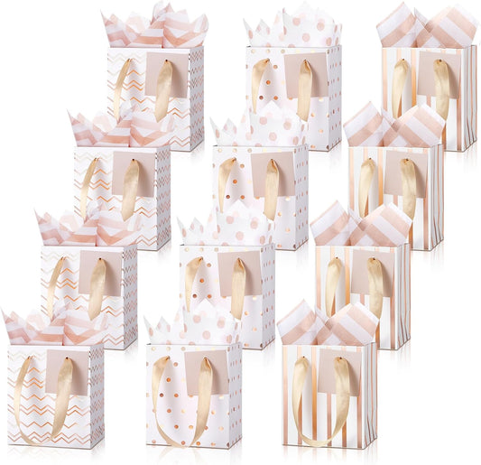 12 Pcs Small Gift Bags Mini Metallic Paper Bag Bulk Tiny with Handle Tissue Paper for Gift Wrap Summer Birthday Wedding Back to School Party(7 x 4 x 9 Inch,White Rose Gold)