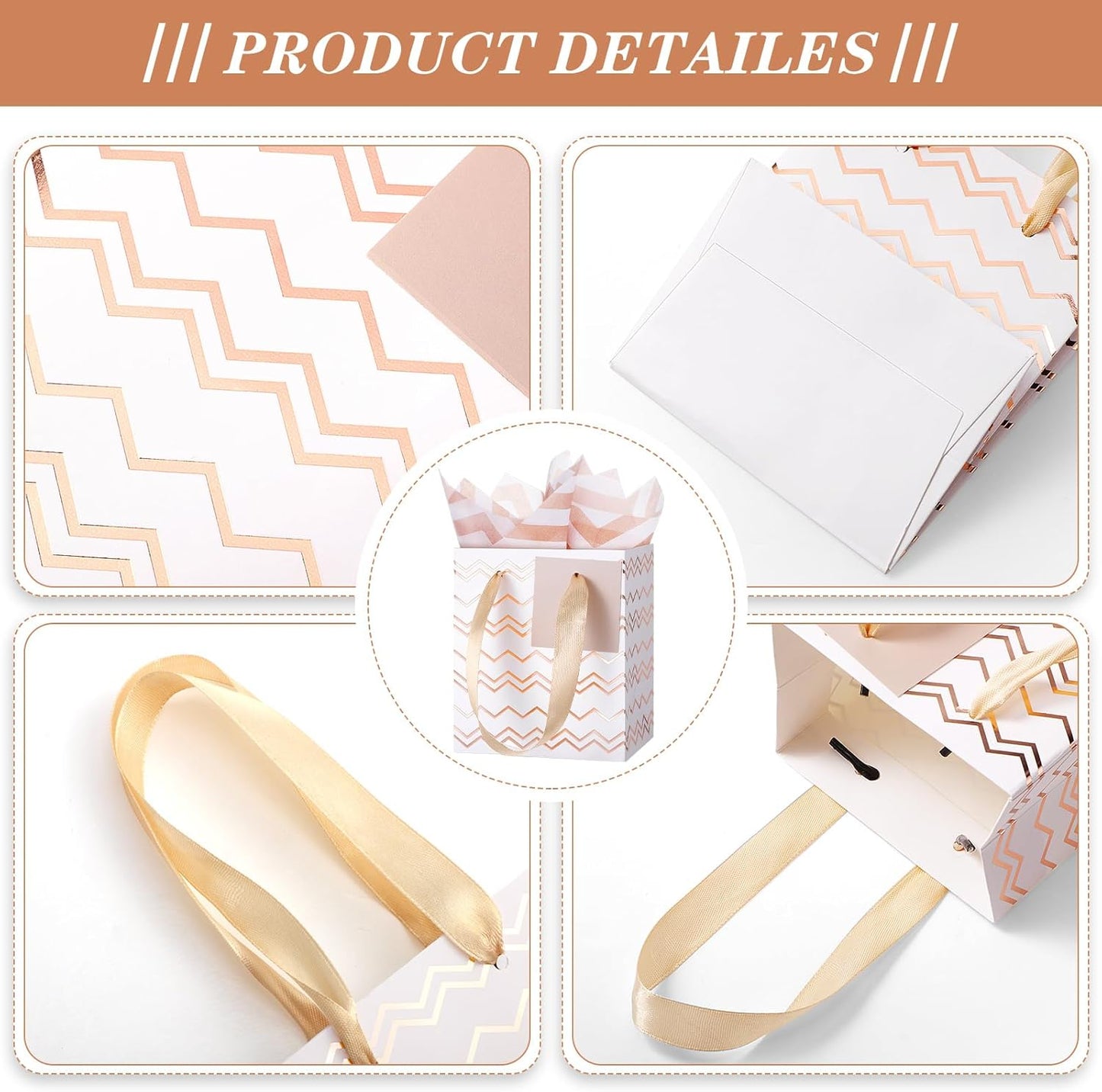 12 Pcs Small Gift Bags Mini Metallic Paper Bag Bulk Tiny with Handle Tissue Paper for Gift Wrap Summer Birthday Wedding Back to School Party(7 x 4 x 9 Inch,White Rose Gold)