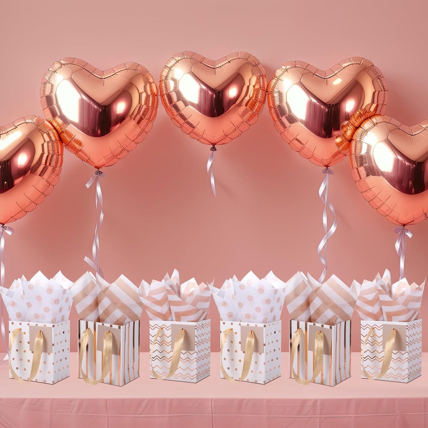 12 Pcs Small Gift Bags Mini Metallic Paper Bag Bulk Tiny with Handle Tissue Paper for Gift Wrap Summer Birthday Wedding Back to School Party(7 x 4 x 9 Inch,White Rose Gold)