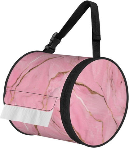 Pink Marble Texture Print Cylinder Tissue Box Cover Portable Tissue Holder for Bathroom Car Office Home Indoor Outdoor