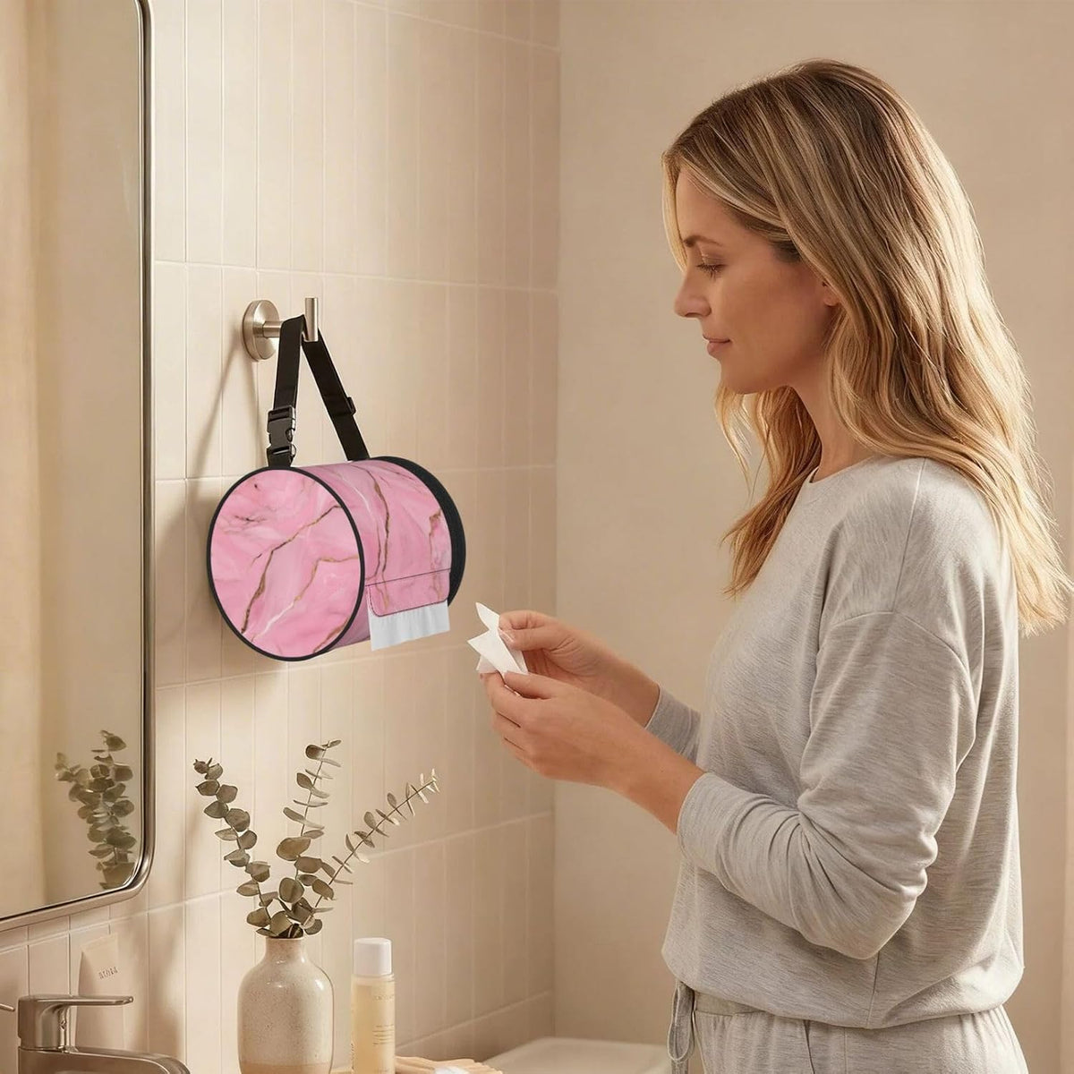 Pink Marble Texture Print Cylinder Tissue Box Cover Portable Tissue Holder for Bathroom Car Office Home Indoor Outdoor