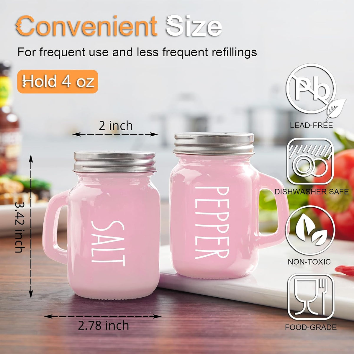 Pink Salt and Pepper Shakers Set - Pink Kitchen Accessories - Pink Kitchen Decor - 4 oz Glass Salt and Pepper Set for Cooking Table, RV, BBQ, Easy to Clean & Refill