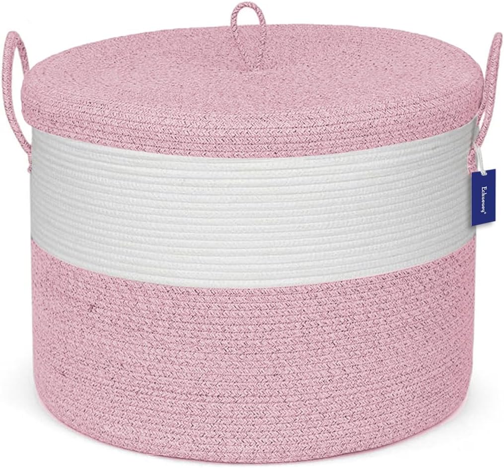 21" x 18" Extra Large storage baskets,Eco-friendly Decorative blanket basket with lid for Living room,rope baskets with lid,wicker hamper for bedroom,Big,Round,Pink 115L