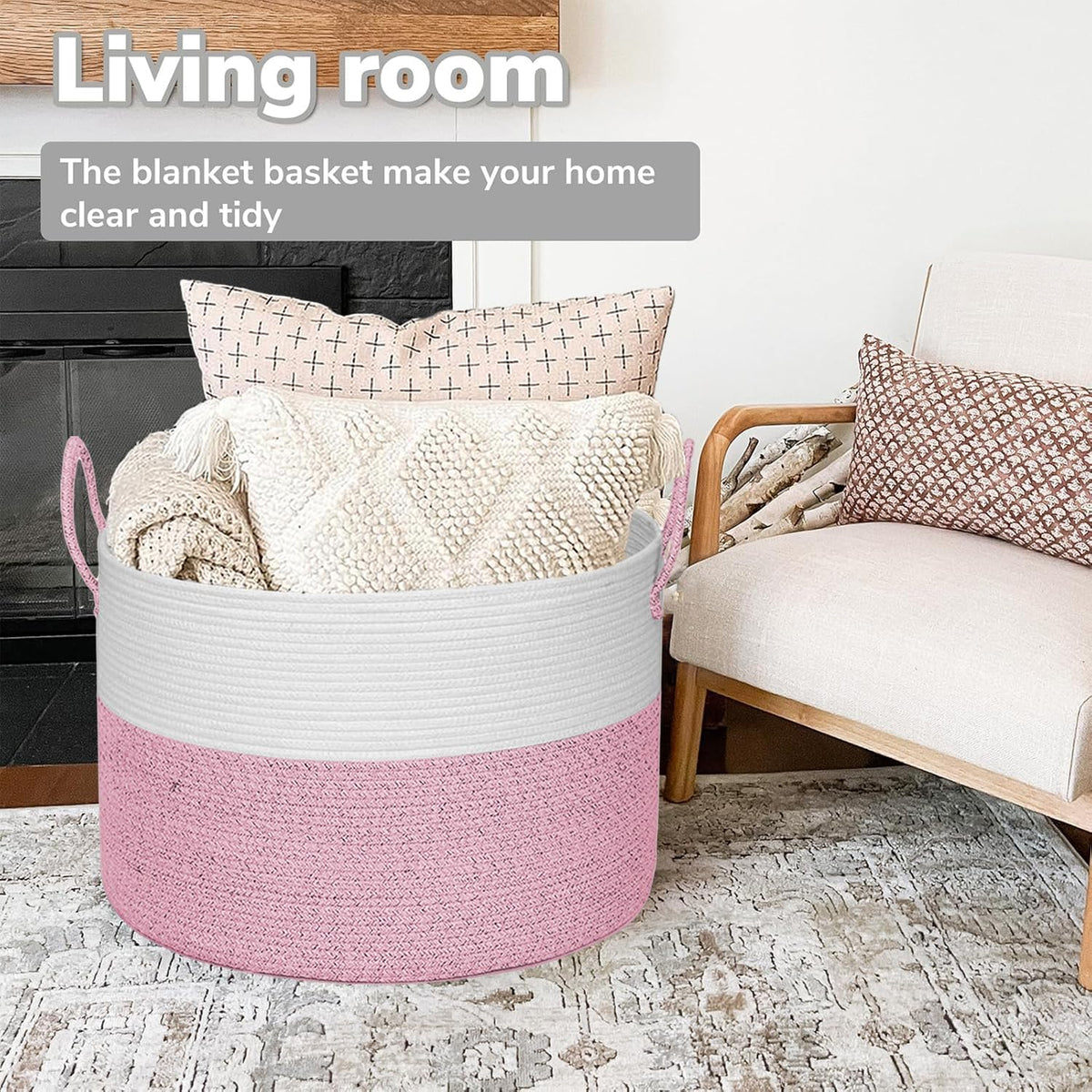 21" x 18" Extra Large storage baskets,Eco-friendly Decorative blanket basket with lid for Living room,rope baskets with lid,wicker hamper for bedroom,Big,Round,Pink 115L