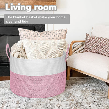 21" x 18" Extra Large storage baskets,Eco-friendly Decorative blanket basket with lid for Living room,rope baskets with lid,wicker hamper for bedroom,Big,Round,Pink 115L