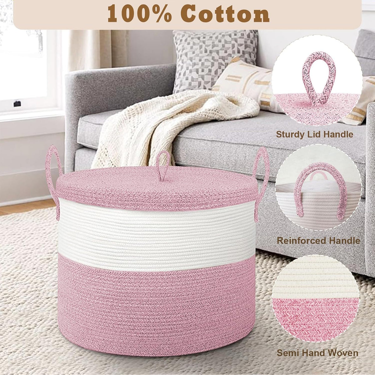 21" x 18" Extra Large storage baskets,Eco-friendly Decorative blanket basket with lid for Living room,rope baskets with lid,wicker hamper for bedroom,Big,Round,Pink 115L