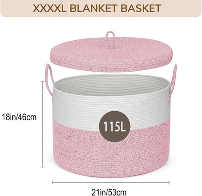 21" x 18" Extra Large storage baskets,Eco-friendly Decorative blanket basket with lid for Living room,rope baskets with lid,wicker hamper for bedroom,Big,Round,Pink 115L