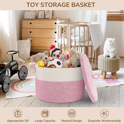 21" x 18" Extra Large storage baskets,Eco-friendly Decorative blanket basket with lid for Living room,rope baskets with lid,wicker hamper for bedroom,Big,Round,Pink 115L