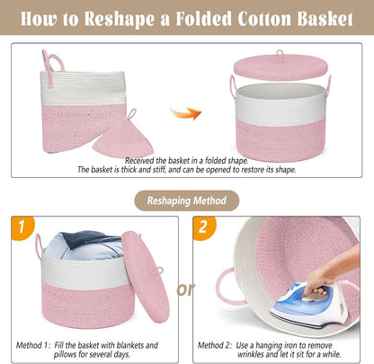 21" x 18" Extra Large storage baskets,Eco-friendly Decorative blanket basket with lid for Living room,rope baskets with lid,wicker hamper for bedroom,Big,Round,Pink 115L
