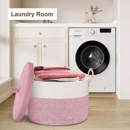 21" x 18" Extra Large storage baskets,Eco-friendly Decorative blanket basket with lid for Living room,rope baskets with lid,wicker hamper for bedroom,Big,Round,Pink 115L