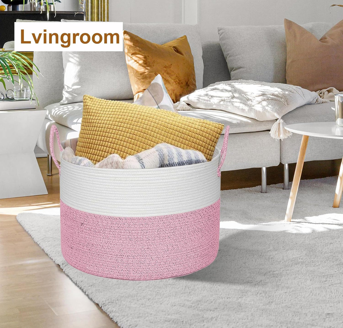 21" x 18" Extra Large storage baskets,Eco-friendly Decorative blanket basket with lid for Living room,rope baskets with lid,wicker hamper for bedroom,Big,Round,Pink 115L
