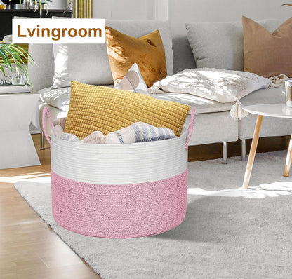 21" x 18" Extra Large storage baskets,Eco-friendly Decorative blanket basket with lid for Living room,rope baskets with lid,wicker hamper for bedroom,Big,Round,Pink 115L