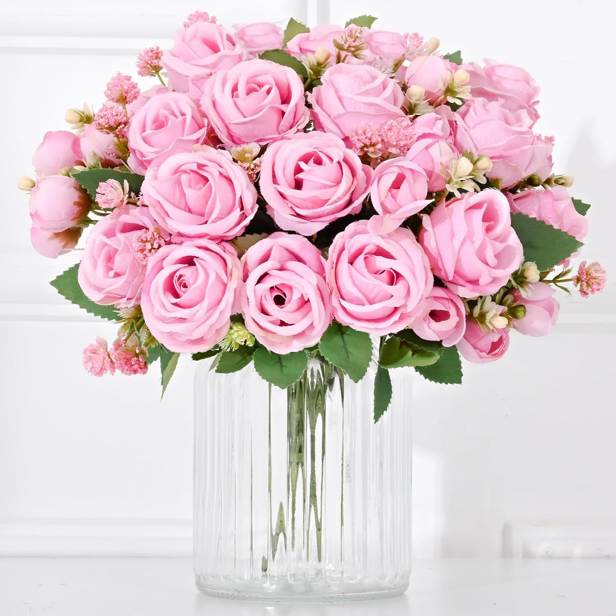 Fake Roses Artificial Flowers, 2 Pack Rose Fake Flowers for Decoration, Real Touch Pink Roses Bouquets Silk Flowers for Vase Centerpiece Table Wedding Party Bridal DIY Decor