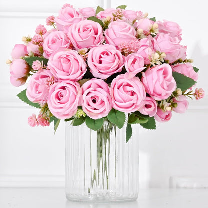 Fake Roses Artificial Flowers, 2 Pack Rose Fake Flowers for Decoration, Real Touch Pink Roses Bouquets Silk Flowers for Vase Centerpiece Table Wedding Party Bridal DIY Decor