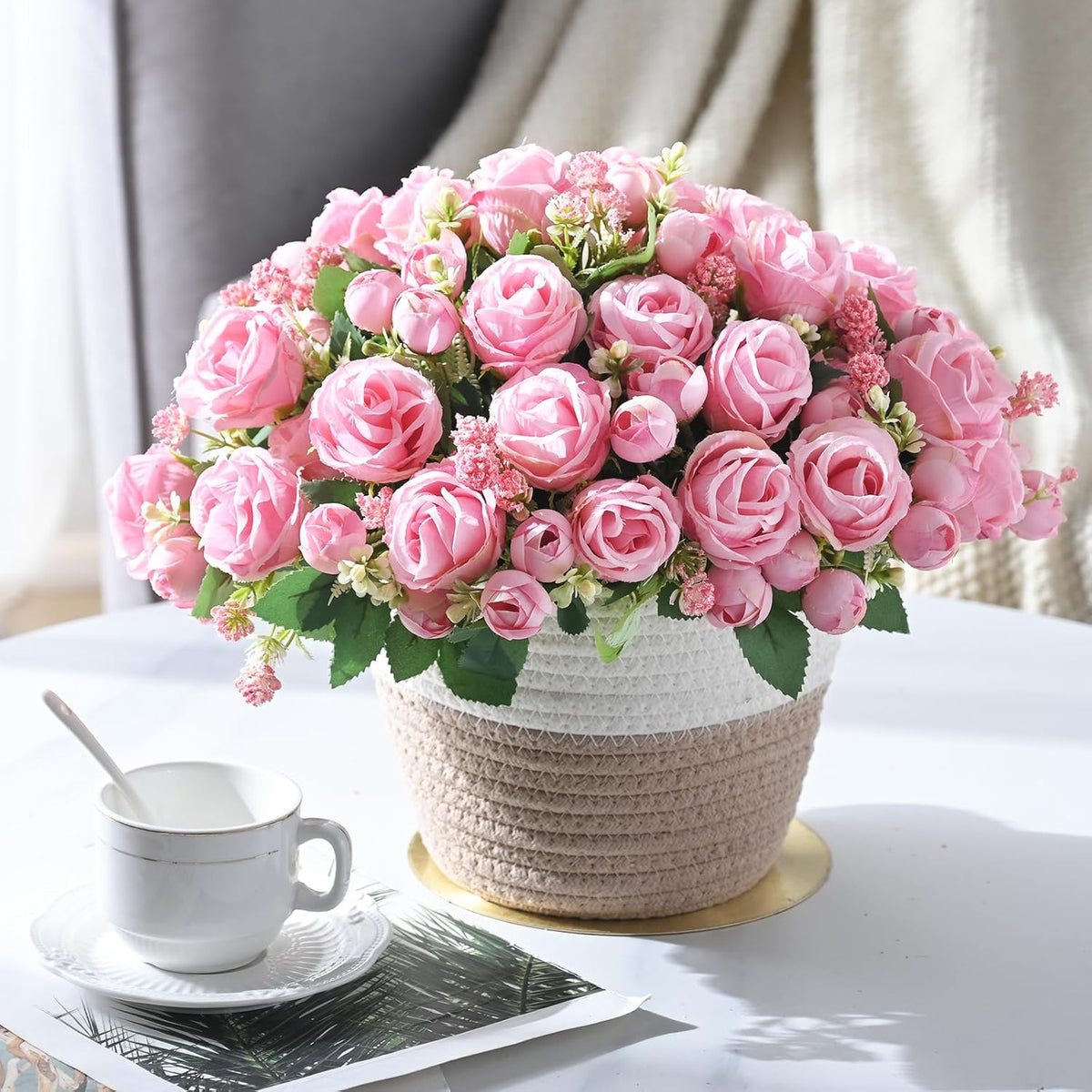 Fake Roses Artificial Flowers, 2 Pack Rose Fake Flowers for Decoration, Real Touch Pink Roses Bouquets Silk Flowers for Vase Centerpiece Table Wedding Party Bridal DIY Decor