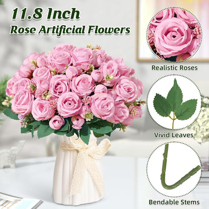 Fake Roses Artificial Flowers, 2 Pack Rose Fake Flowers for Decoration, Real Touch Pink Roses Bouquets Silk Flowers for Vase Centerpiece Table Wedding Party Bridal DIY Decor