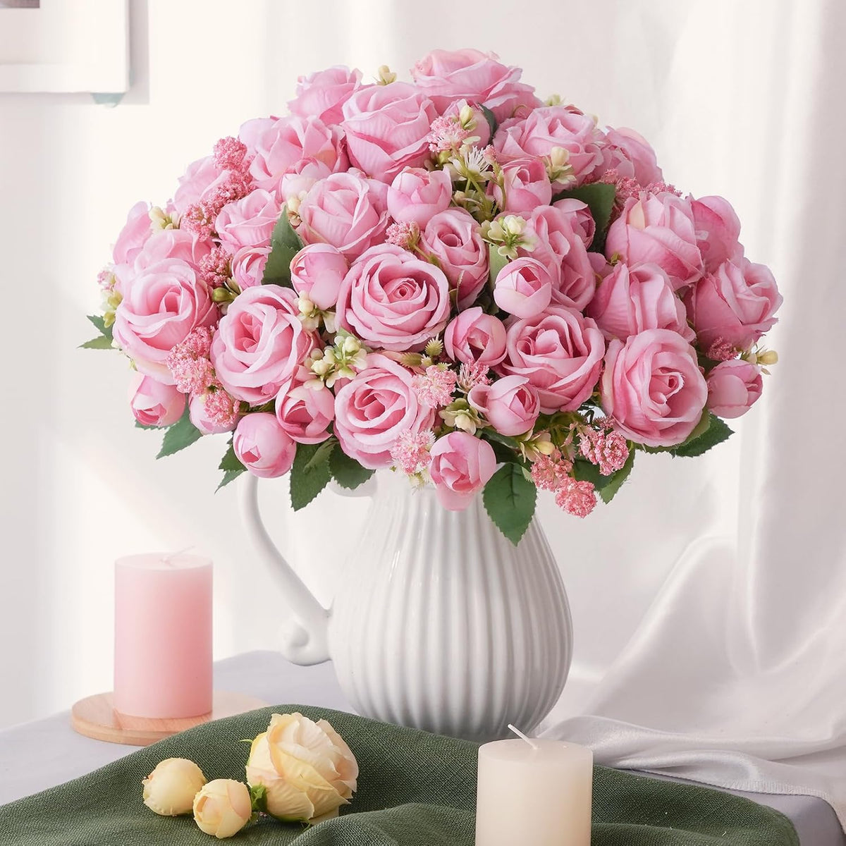 Fake Roses Artificial Flowers, 2 Pack Rose Fake Flowers for Decoration, Real Touch Pink Roses Bouquets Silk Flowers for Vase Centerpiece Table Wedding Party Bridal DIY Decor