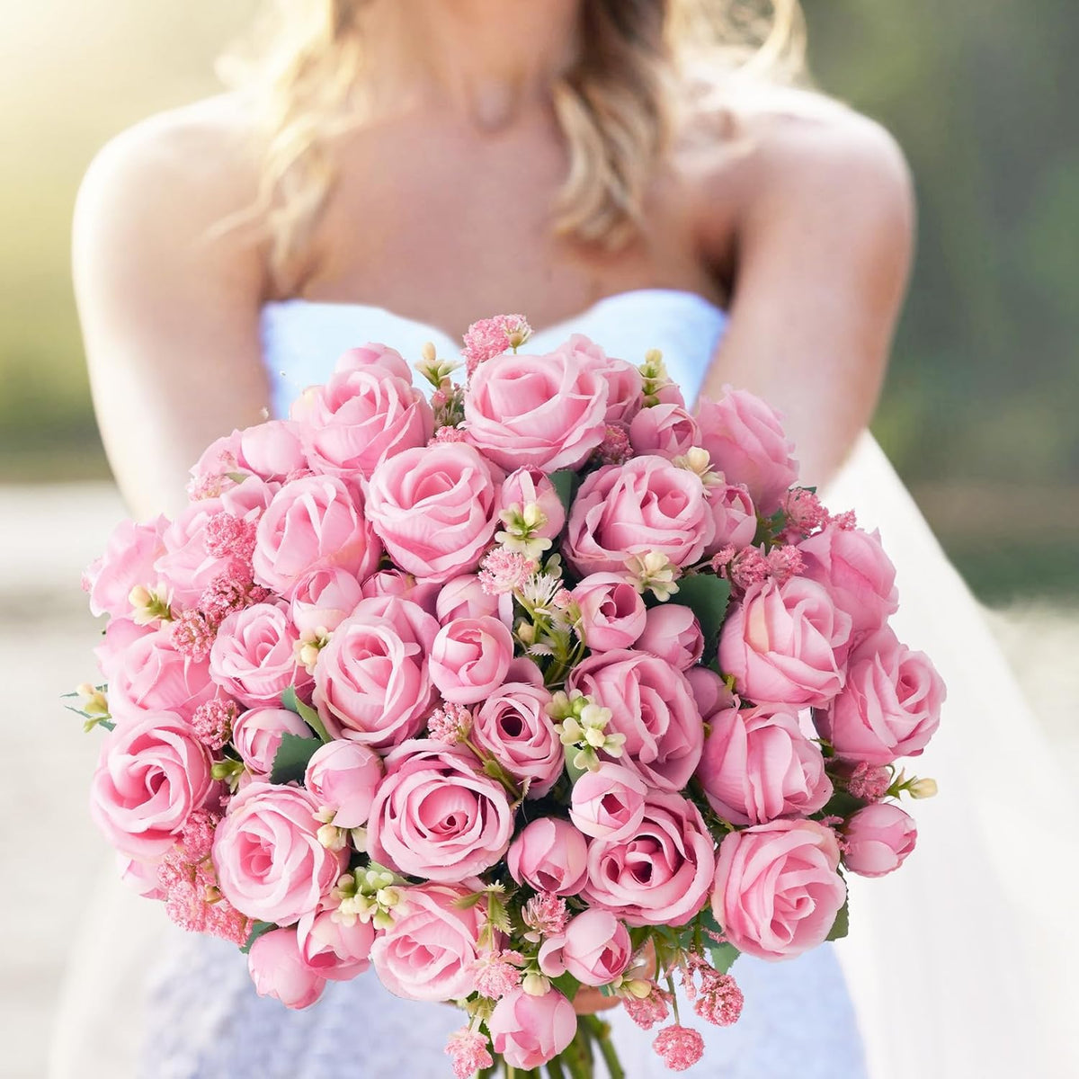 Fake Roses Artificial Flowers, 2 Pack Rose Fake Flowers for Decoration, Real Touch Pink Roses Bouquets Silk Flowers for Vase Centerpiece Table Wedding Party Bridal DIY Decor