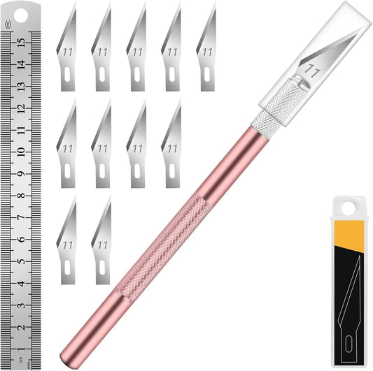 Exacto Knife Set with 10 Extra #11 Blades, 6-Inch Metal Ruler, Pink
