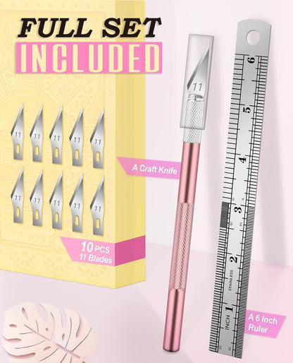 Exacto Knife Set with 10 Extra #11 Blades, 6-Inch Metal Ruler, Pink