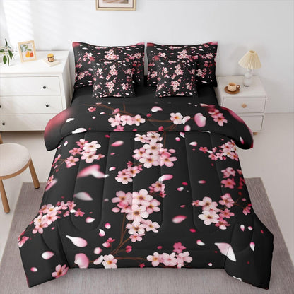7 Pcs Pink Cherry Blossom Bedding Set Queen Size Natural Peach Blossom Decor Comforter Set Wild Flowers Japanese Style Bed in a Bag with Comforter,Flat Sheet,Fitted Sheet,2 Pillowcases,2 Pillow Covers