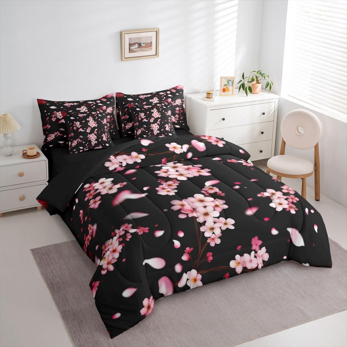 7 Pcs Pink Cherry Blossom Bedding Set Queen Size Natural Peach Blossom Decor Comforter Set Wild Flowers Japanese Style Bed in a Bag with Comforter,Flat Sheet,Fitted Sheet,2 Pillowcases,2 Pillow Covers