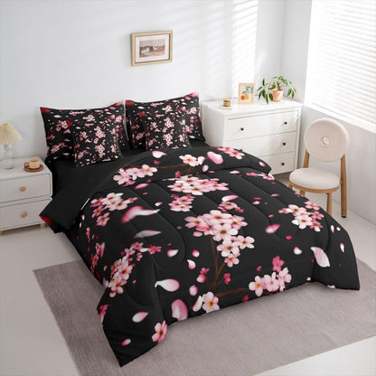 7 Pcs Pink Cherry Blossom Bedding Set Queen Size Natural Peach Blossom Decor Comforter Set Wild Flowers Japanese Style Bed in a Bag with Comforter,Flat Sheet,Fitted Sheet,2 Pillowcases,2 Pillow Covers