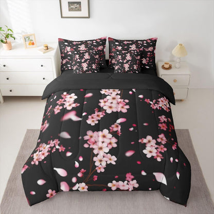 7 Pcs Pink Cherry Blossom Bedding Set Queen Size Natural Peach Blossom Decor Comforter Set Wild Flowers Japanese Style Bed in a Bag with Comforter,Flat Sheet,Fitted Sheet,2 Pillowcases,2 Pillow Covers
