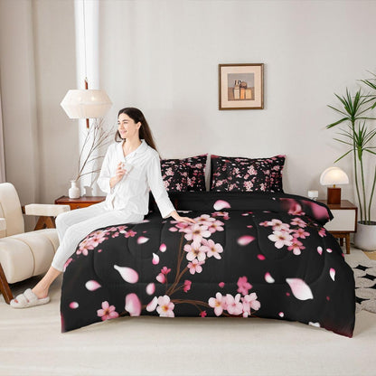 7 Pcs Pink Cherry Blossom Bedding Set Queen Size Natural Peach Blossom Decor Comforter Set Wild Flowers Japanese Style Bed in a Bag with Comforter,Flat Sheet,Fitted Sheet,2 Pillowcases,2 Pillow Covers